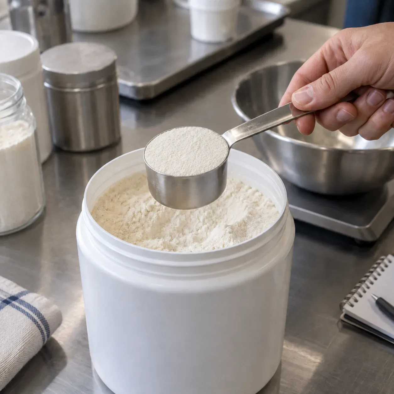 Stainless steel measuring scoop taking a portion of fine powder from a container on a workbench