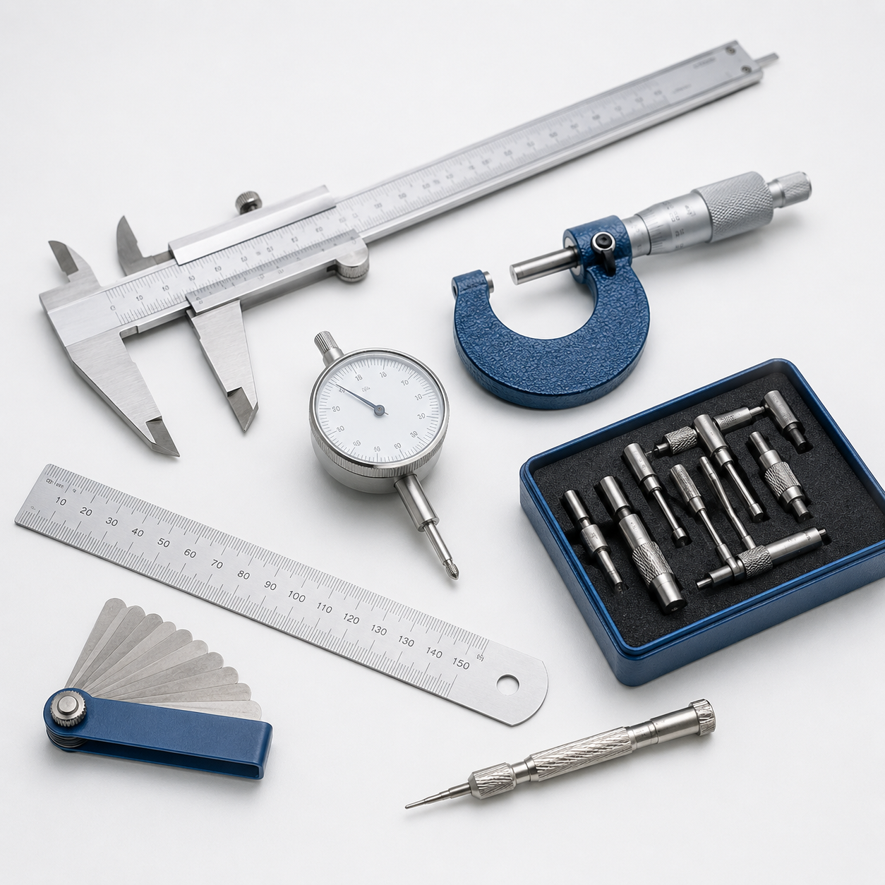 Practical measuring and inspection tools including calipers, micrometer and dial gauge