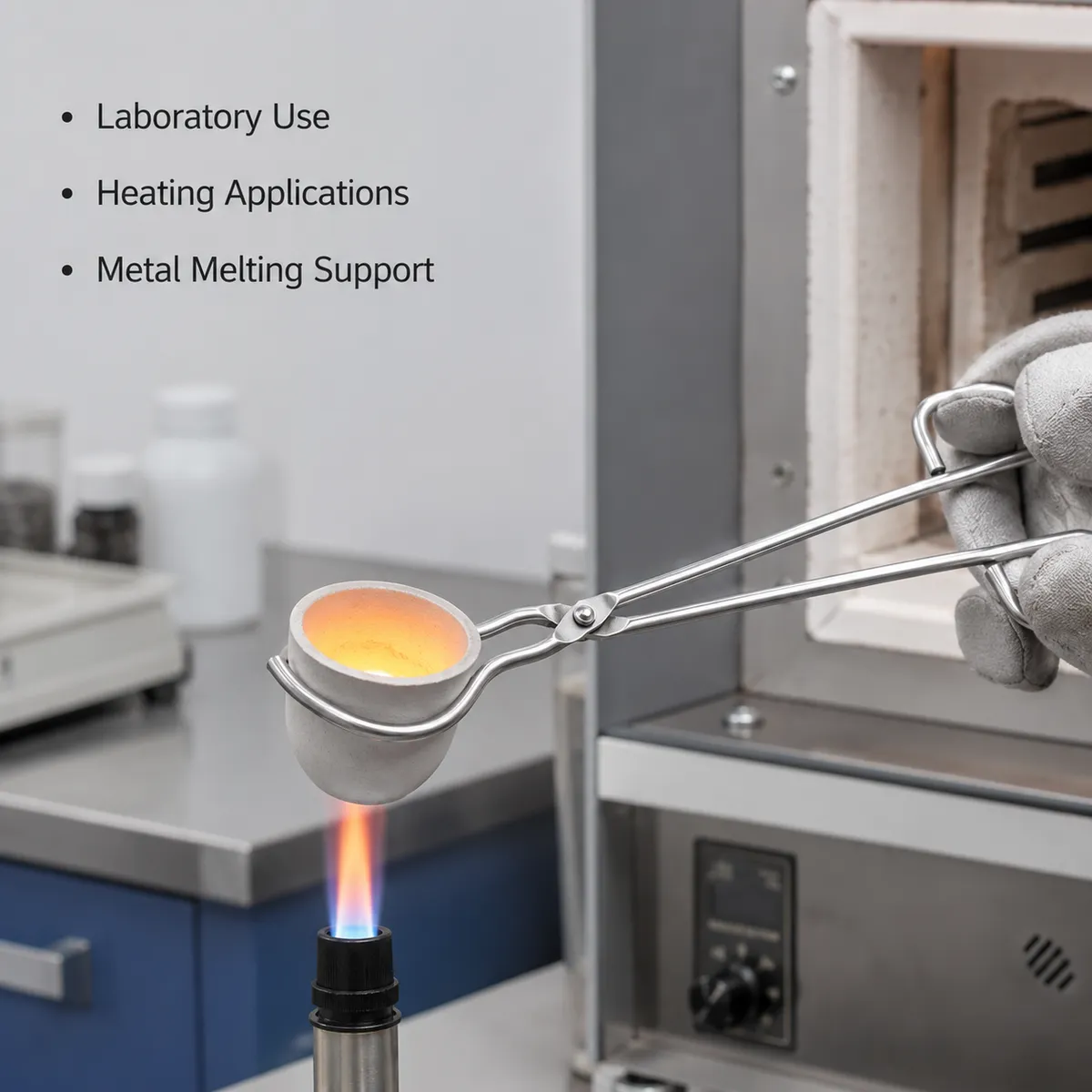 Crucible tongs holding a hot crucible in laboratory heating application