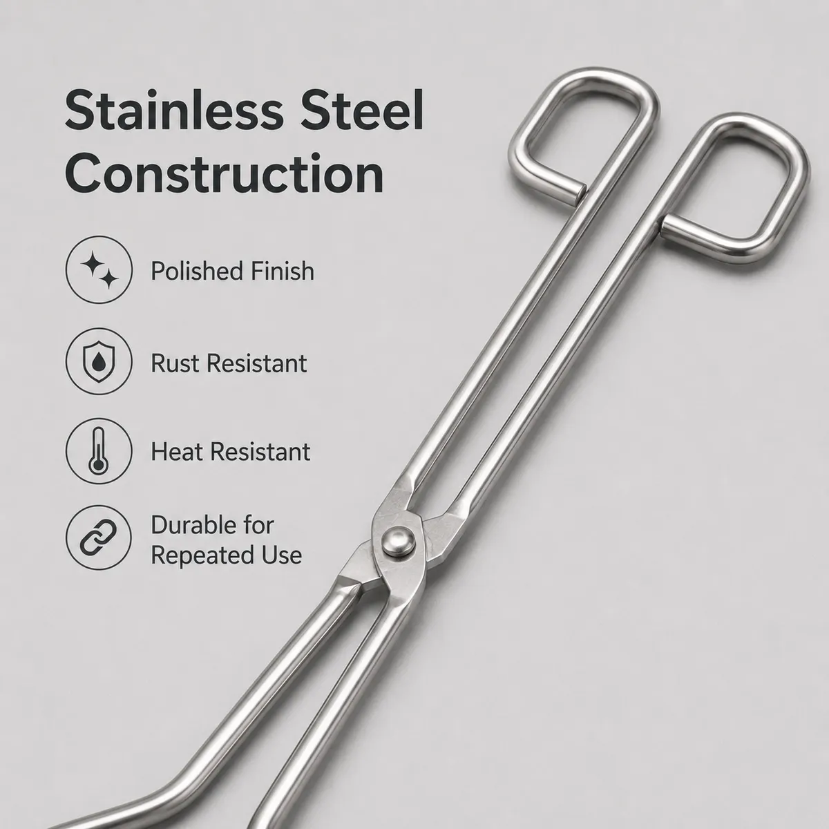Size diagram showing 16 inch stainless steel crucible tongs