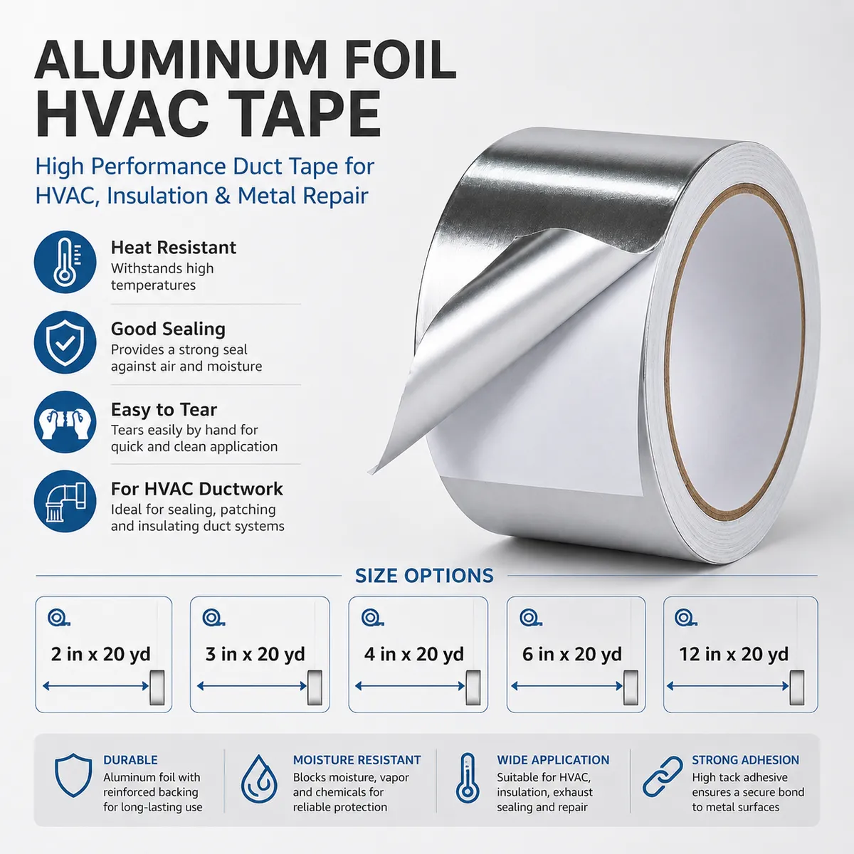 Aluminum foil HVAC tape size options and sealing feature infographic