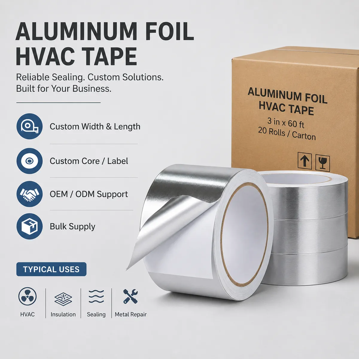Aluminum foil HVAC tape bulk supply and OEM packaging options