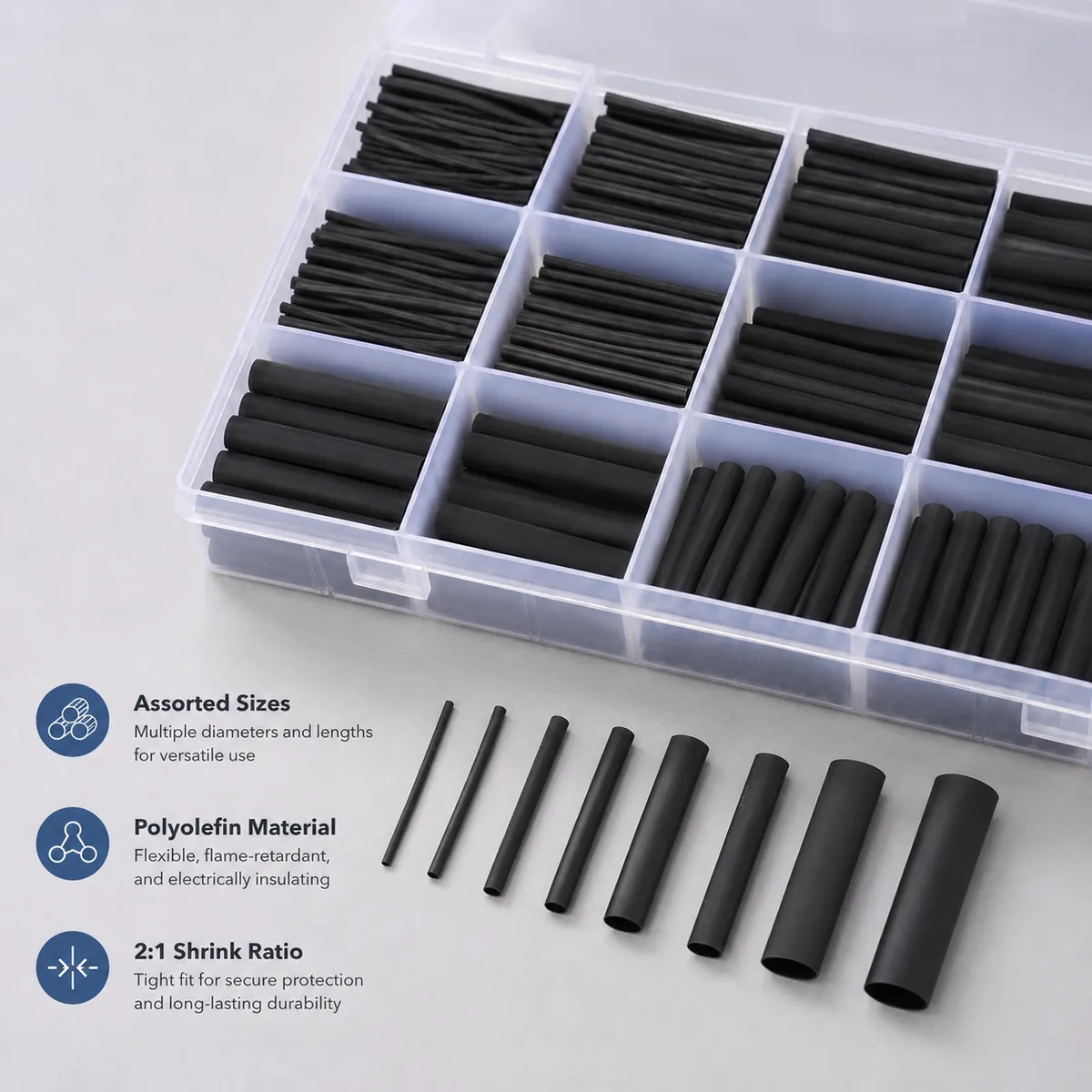 Assorted black heat shrink tubes showing different diameters and lengths