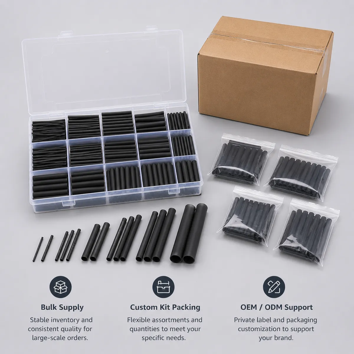 Bulk supply and custom packing options for heat shrink tubing kits