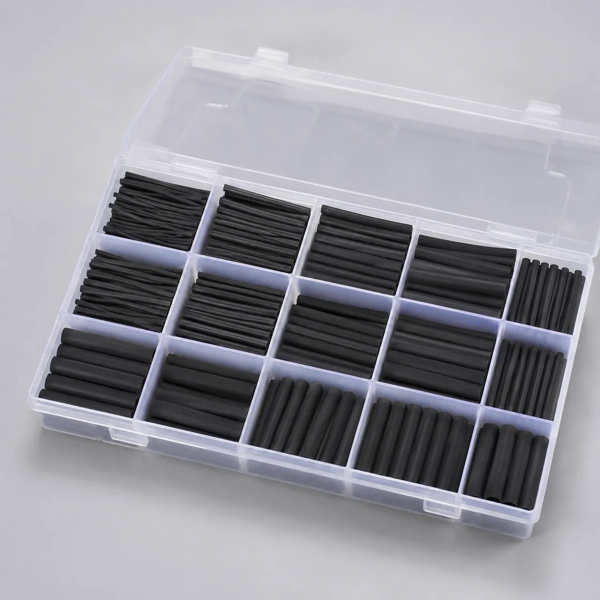 Black assorted heat shrink tube kit in transparent organizer box