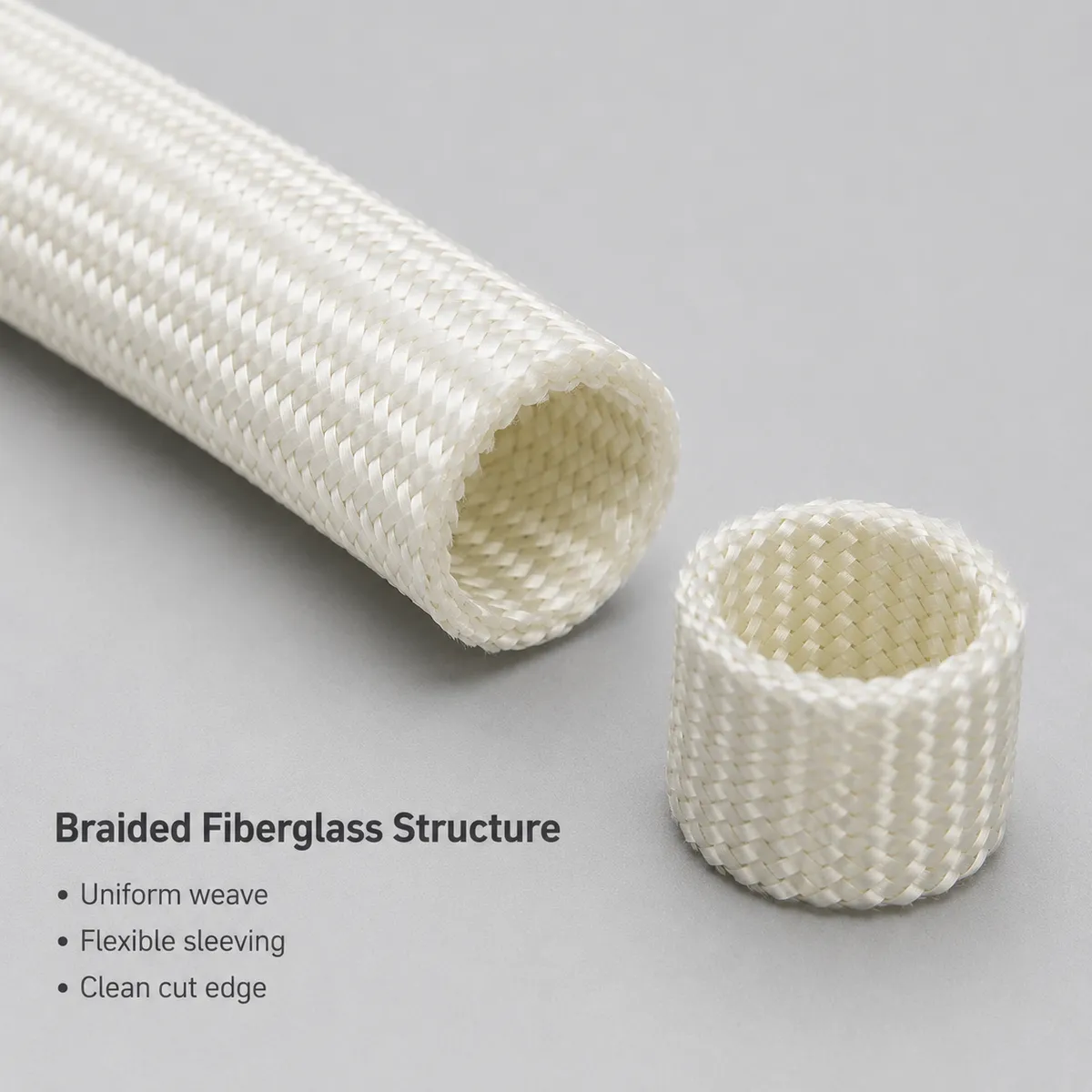 Close-up of braided fiberglass sleeve structure and clean cut edge