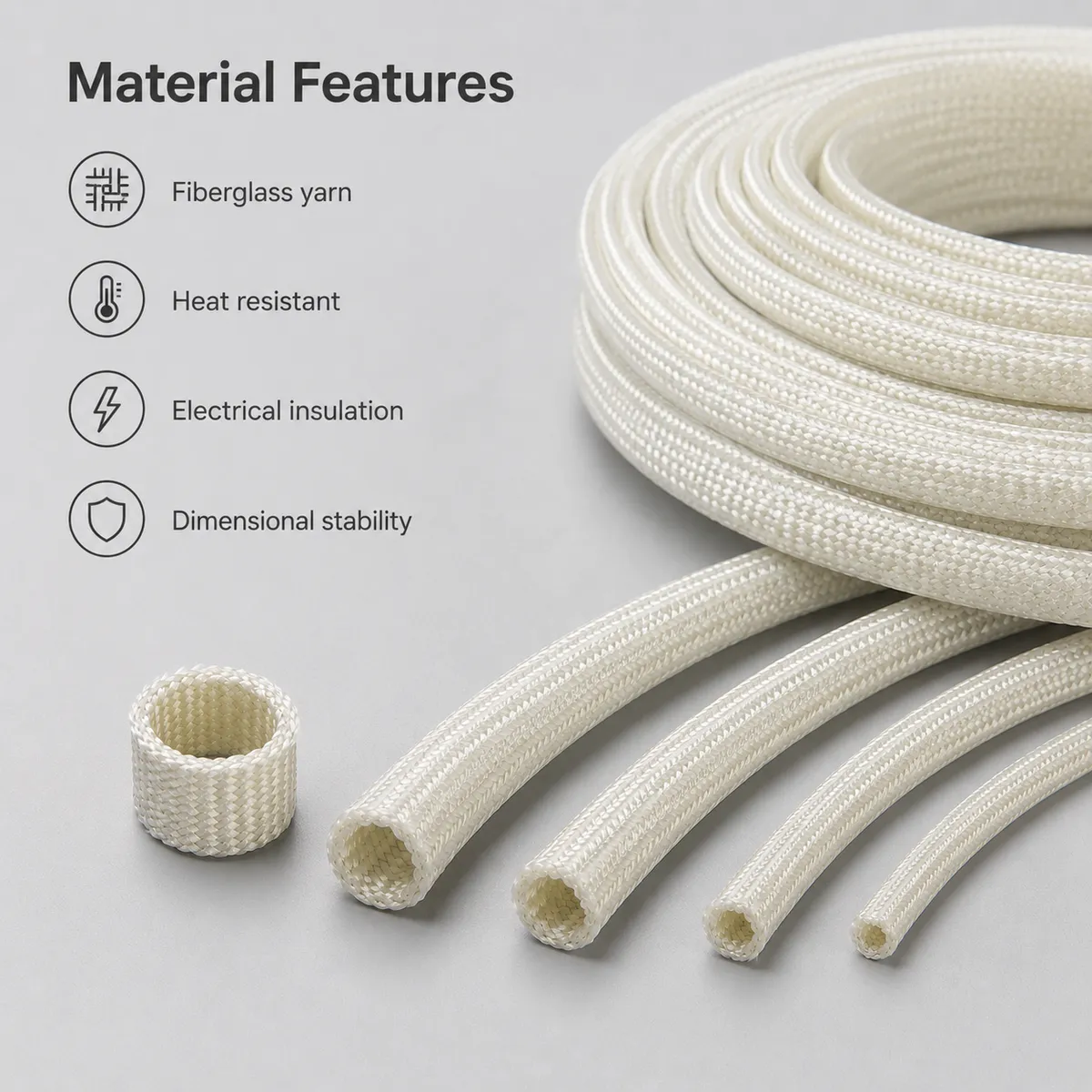 Fiberglass sleeve material features for heat-resistant electrical insulation