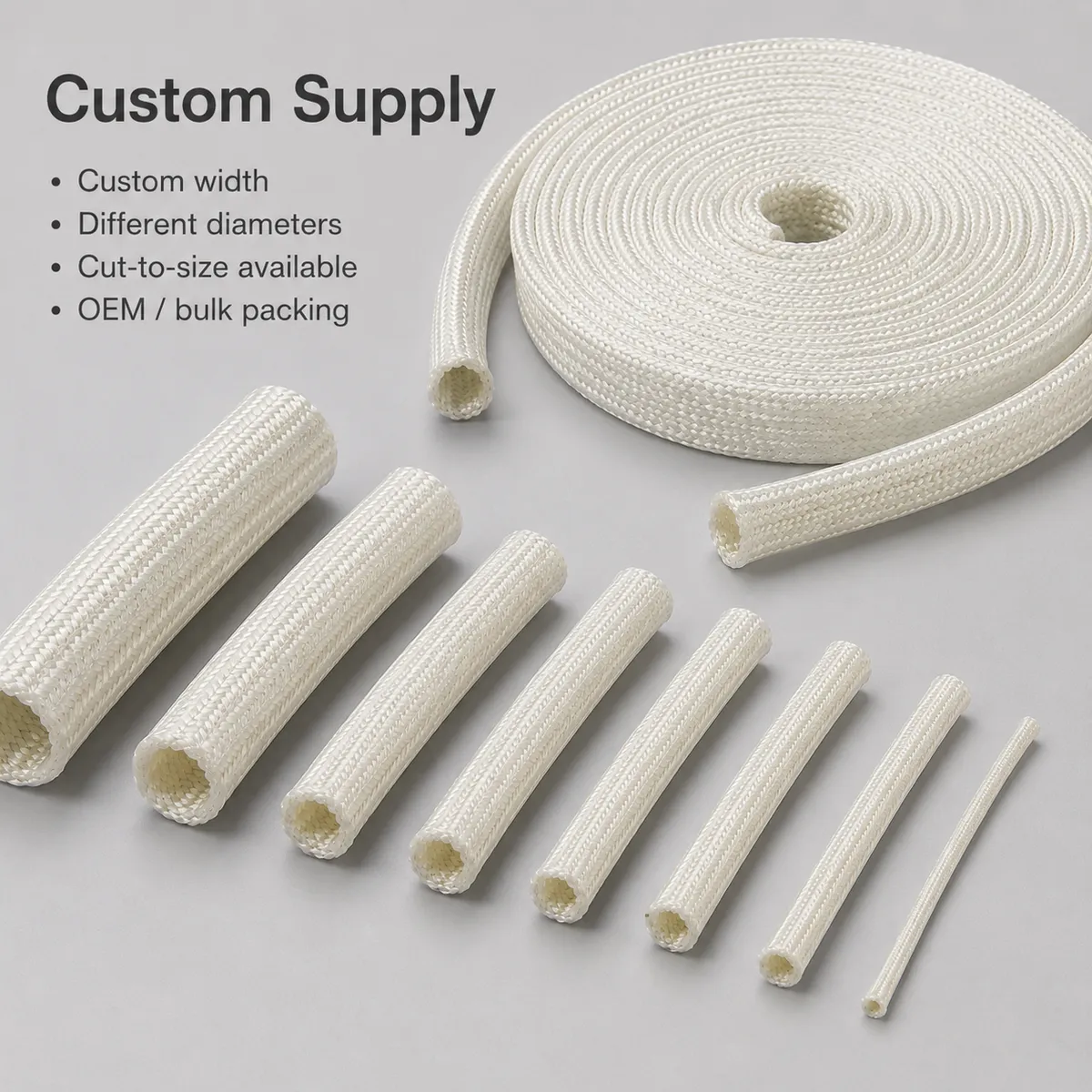 Custom supply options for braided fiberglass sleeving in different diameters