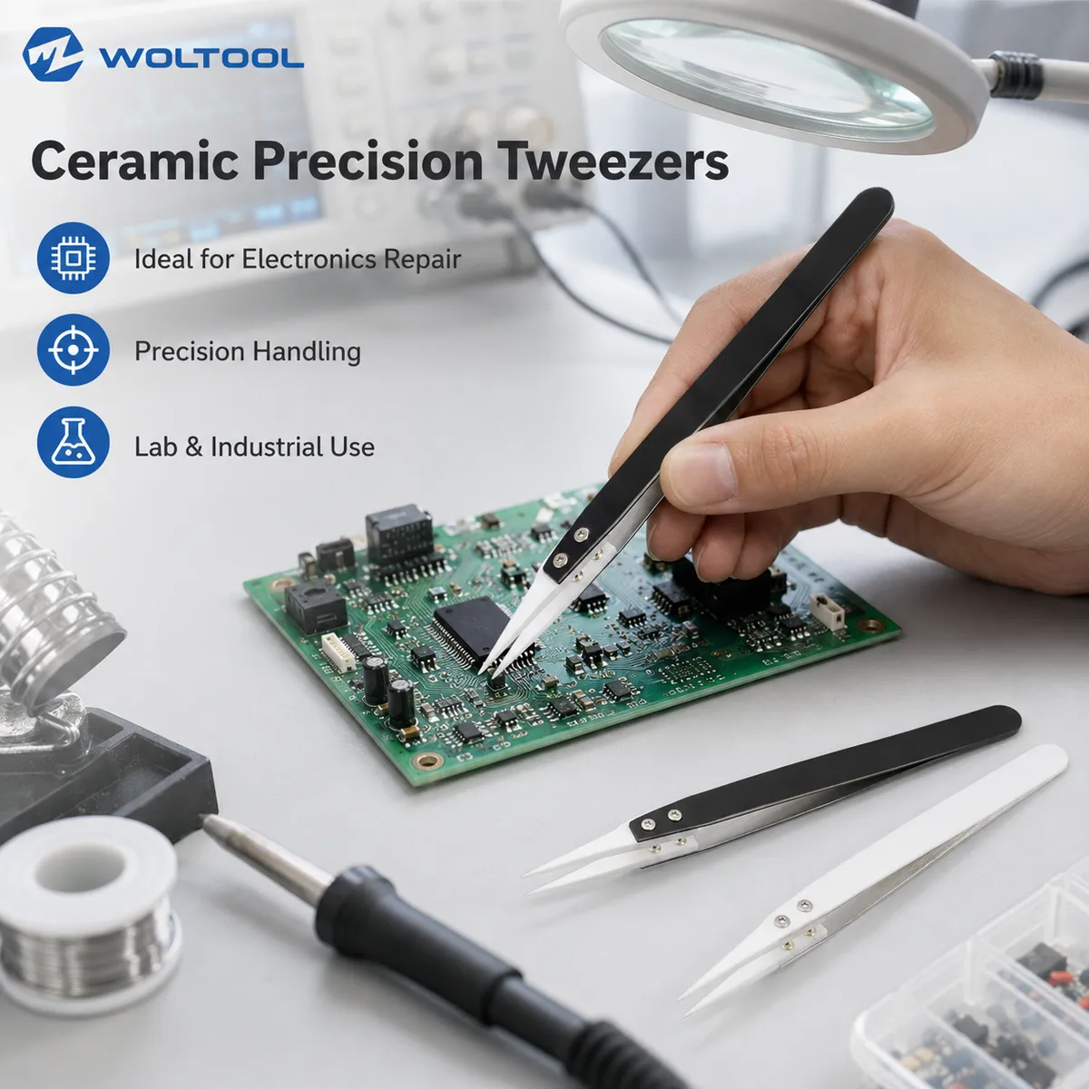 Ceramic precision tweezers used for electronics repair on a circuit board