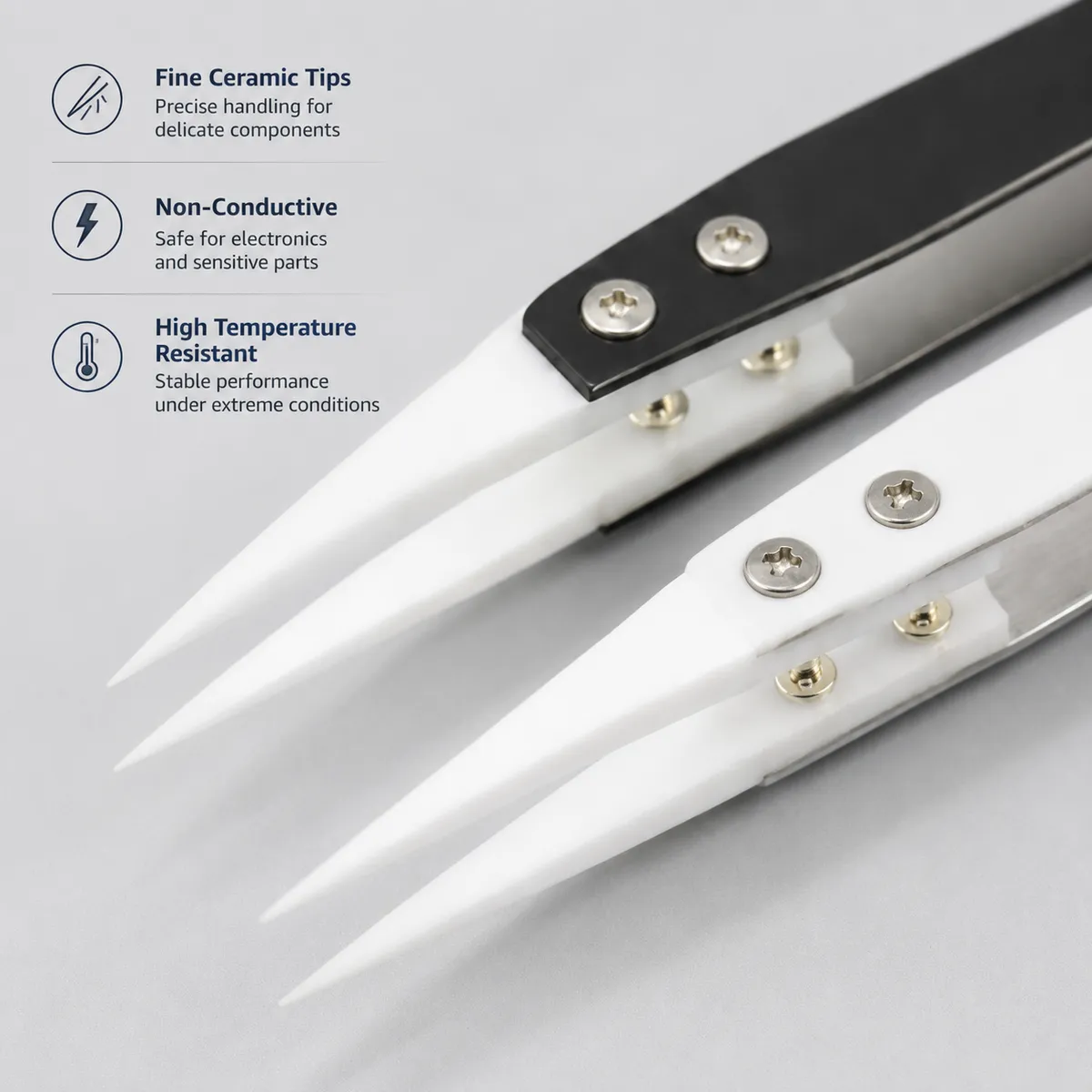 Close-up of fine white ceramic tweezer tips for delicate component handling
