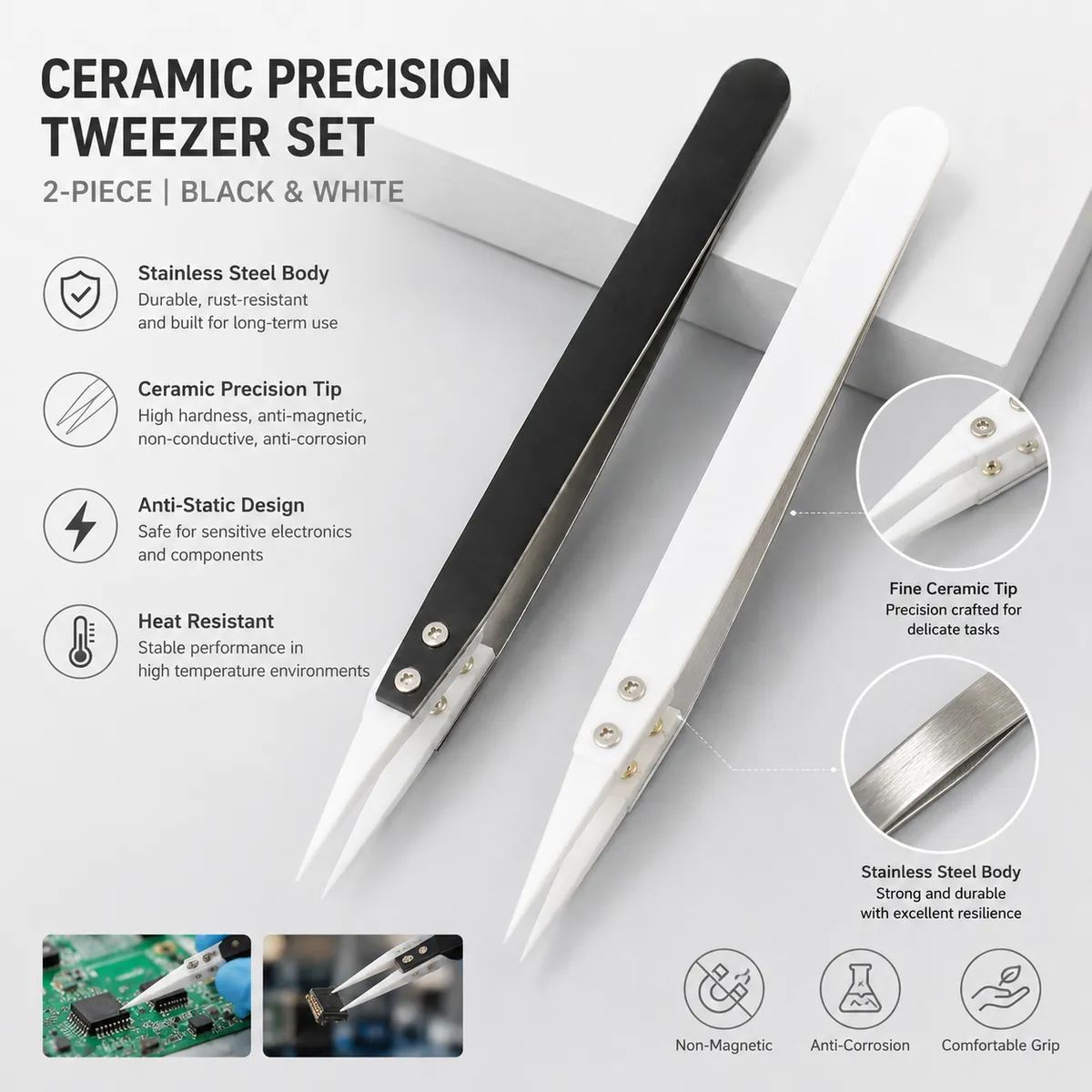 Stainless steel body and ceramic tip details of precision tweezers