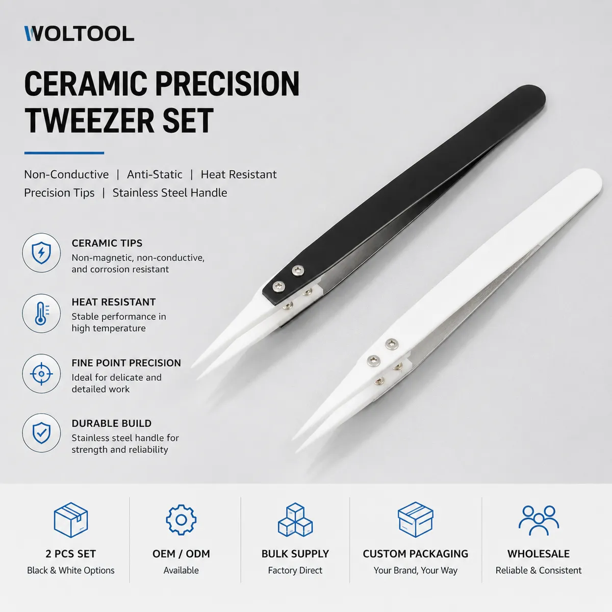 B2B feature image showing ceramic tweezer set options and OEM packaging capability