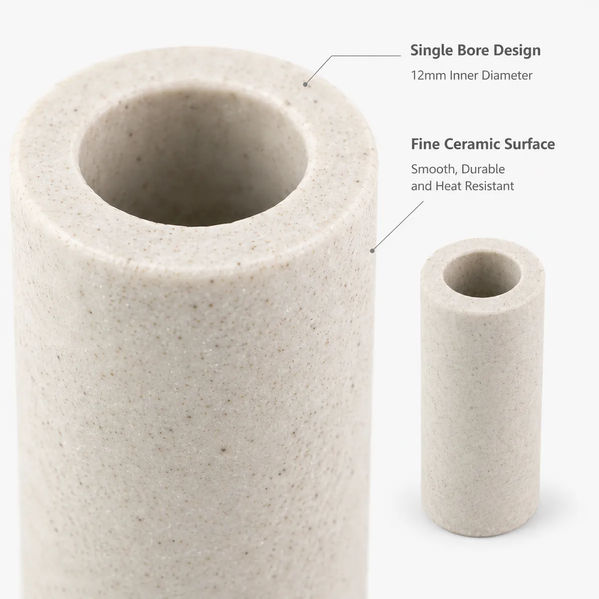 Close-up of ceramic tube inner bore and fine speckled surface