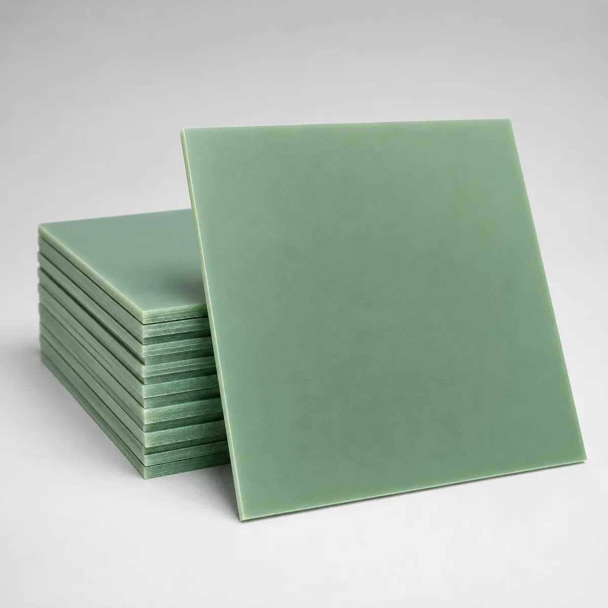 Green FR4 epoxy fiberglass sheets stacked on a clean gray background