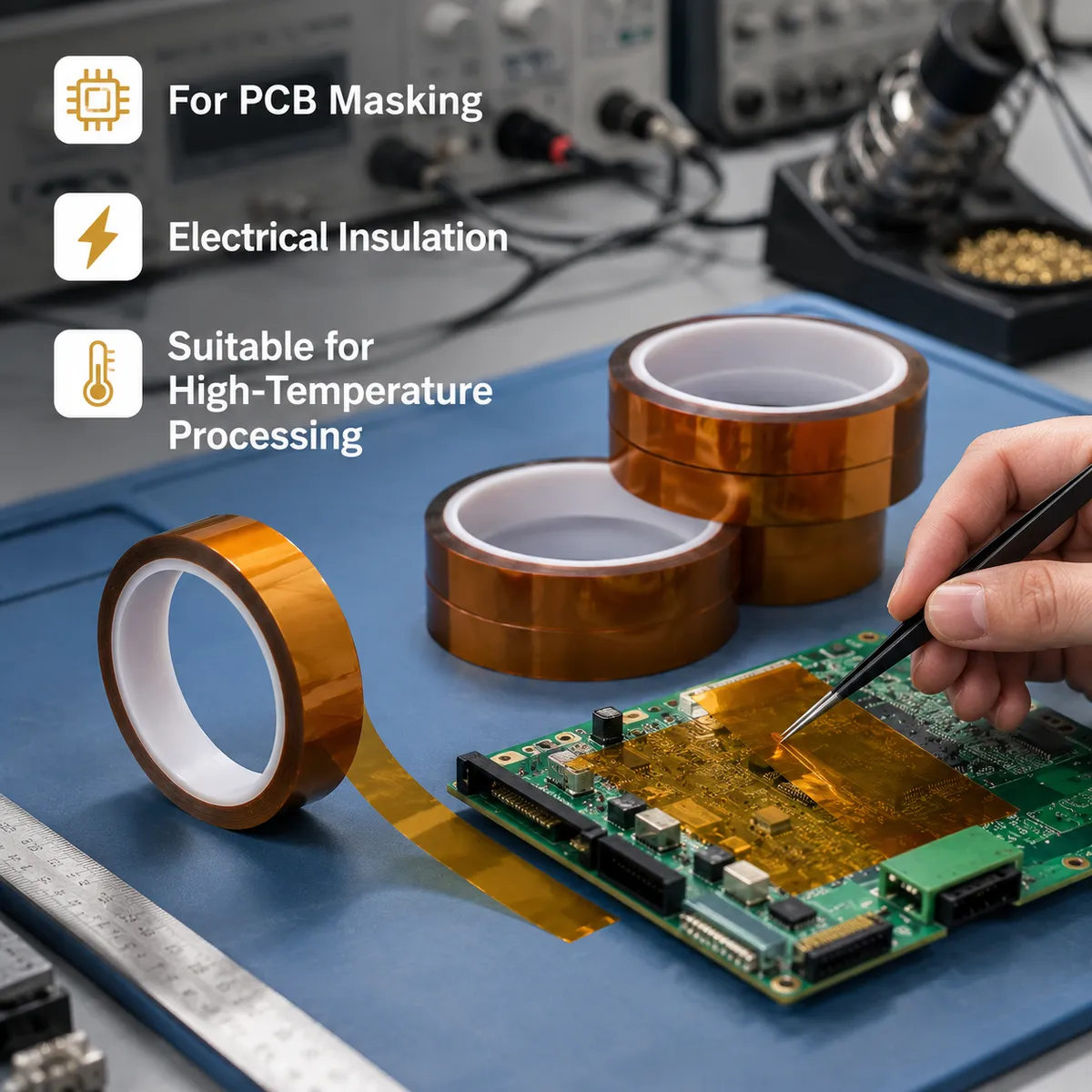 Polyimide tape used for PCB masking and electrical insulation at an electronics workbench