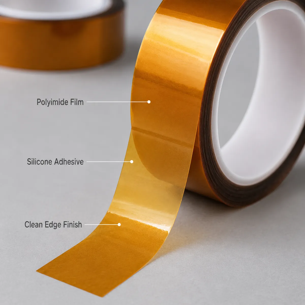 Close-up of polyimide film and silicone adhesive on amber tape