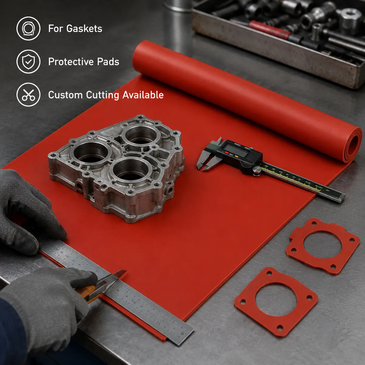 Red silicone rubber sheet used as gasket material and protective pad on an industrial workbench