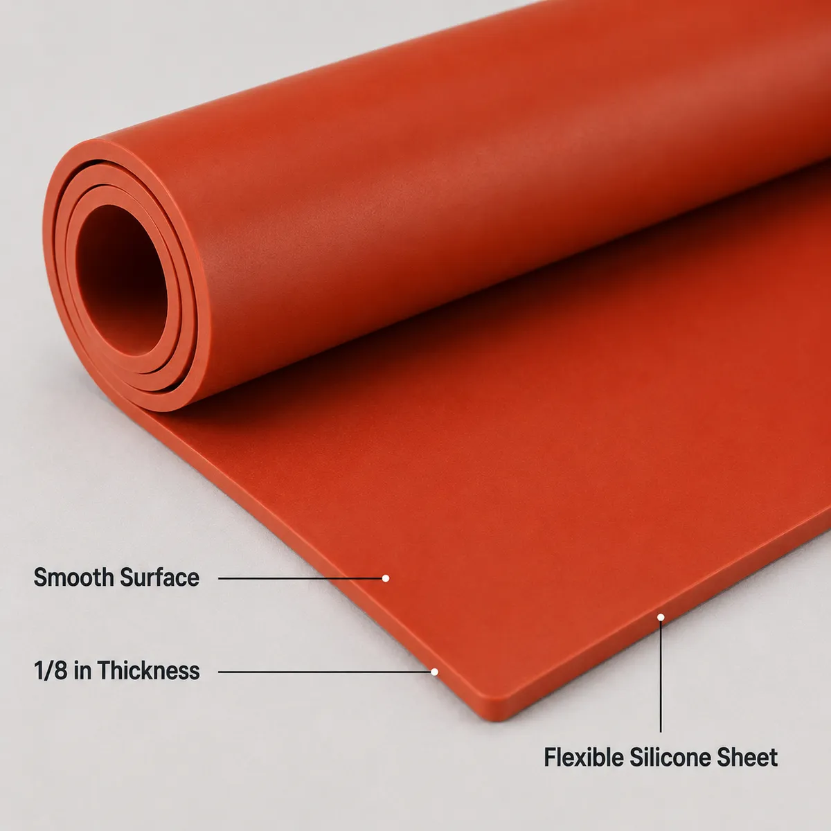 Close-up of red silicone rubber sheet showing smooth surface and 1/8 inch thickness