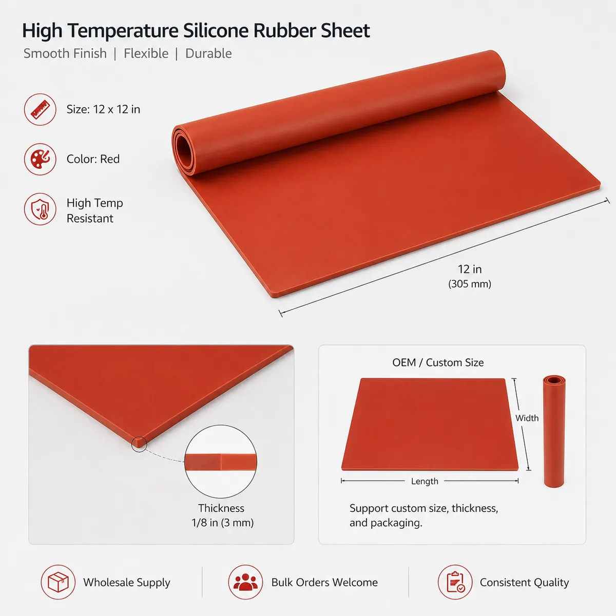 High temperature silicone rubber sheet specification image with custom size options