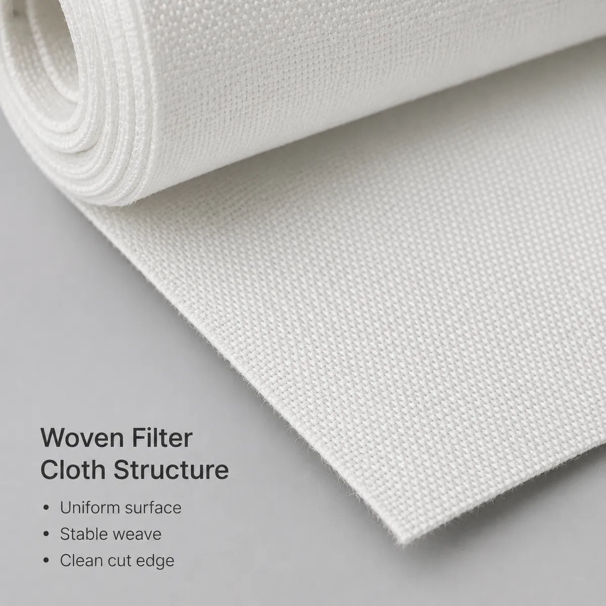Close-up woven filter cloth structure with clean cut edge