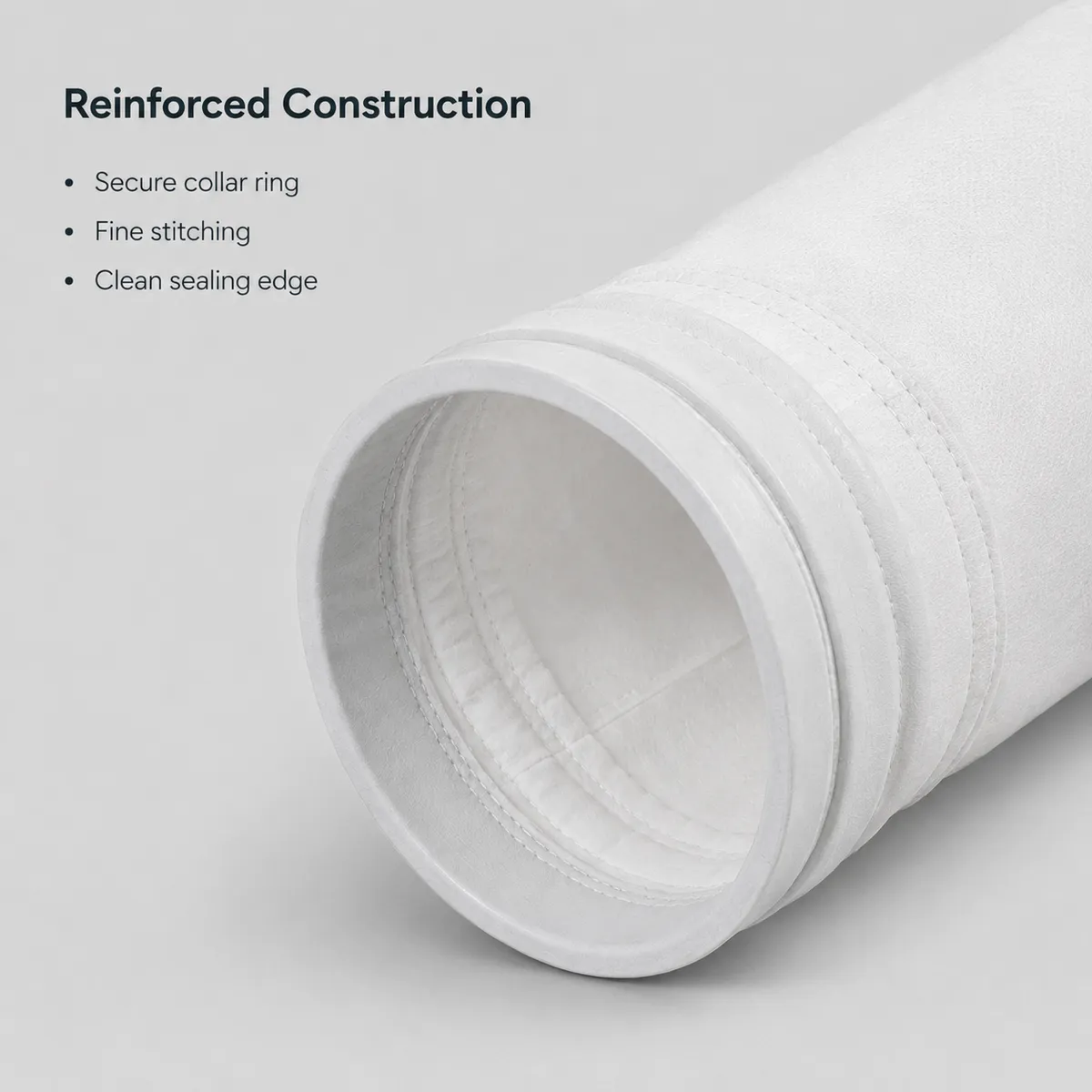Close-up of reinforced filter bag collar ring and stitching