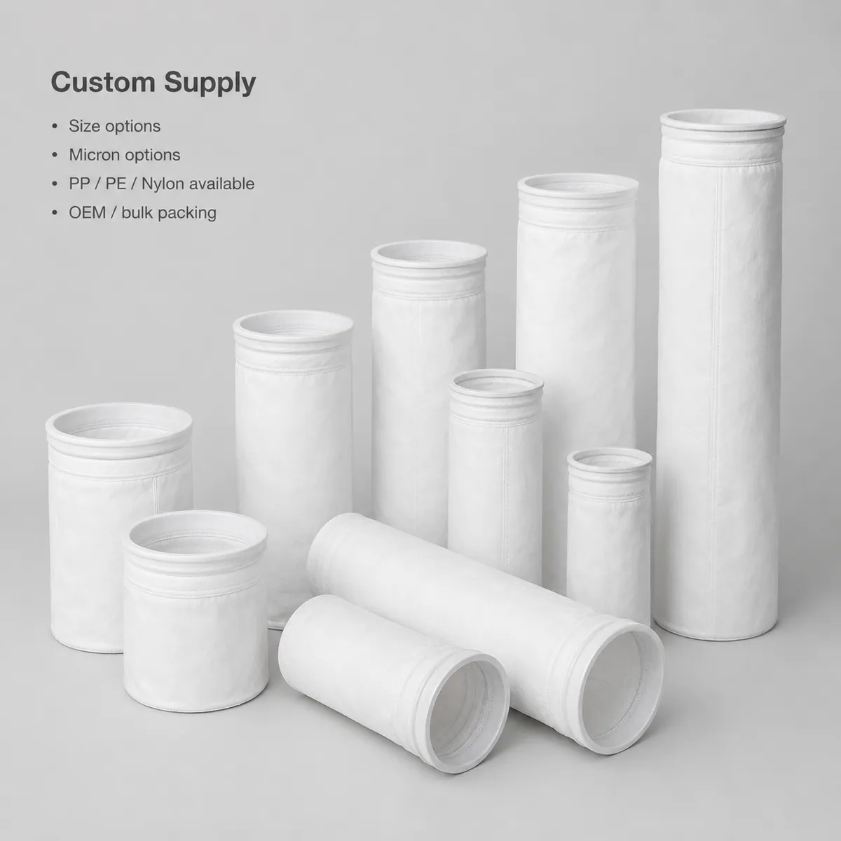 Custom filter bag size and micron options for bulk supply