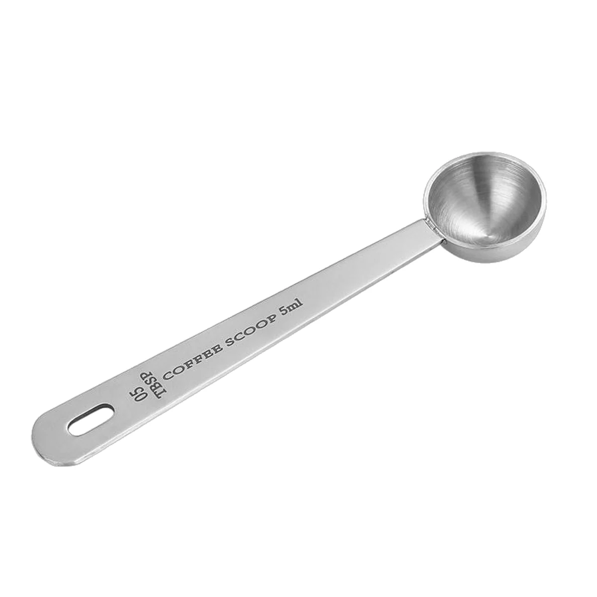 Single small round stainless measuring scoop with straight hanging handle