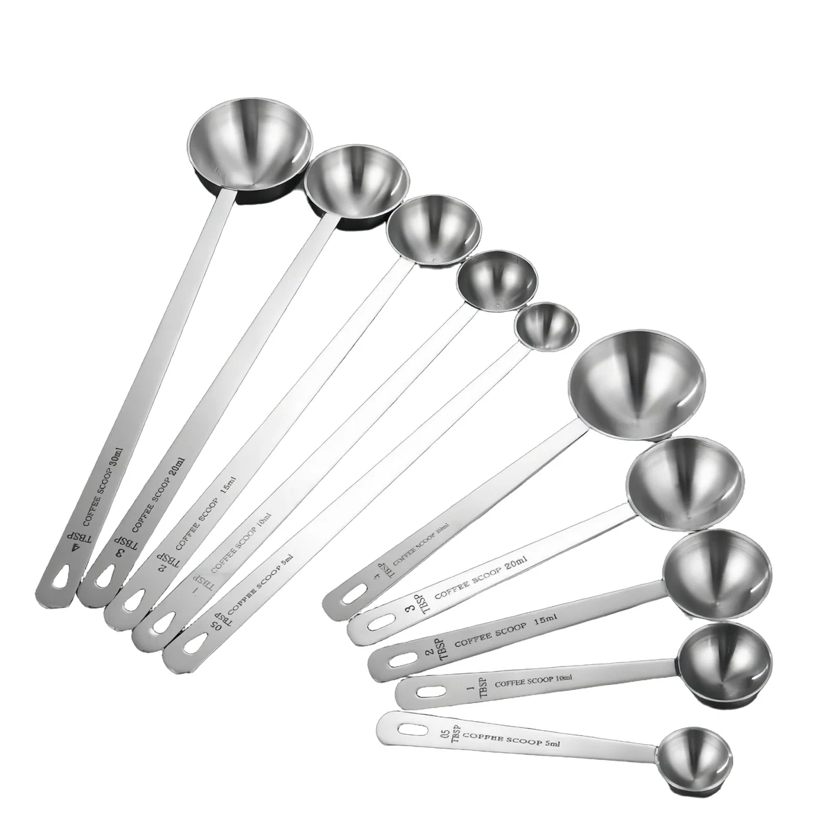 Five sizes of round 304 stainless steel long-handle measuring scoops with engraved mL markings