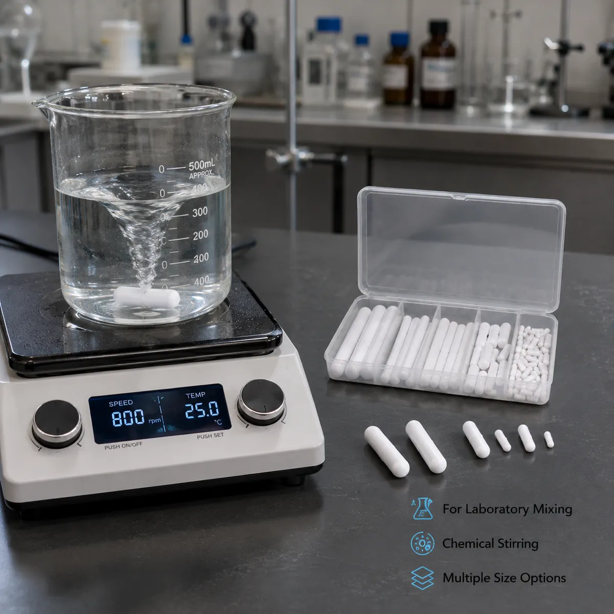 Magnetic stir bar used in beaker on laboratory magnetic stirrer hotplate