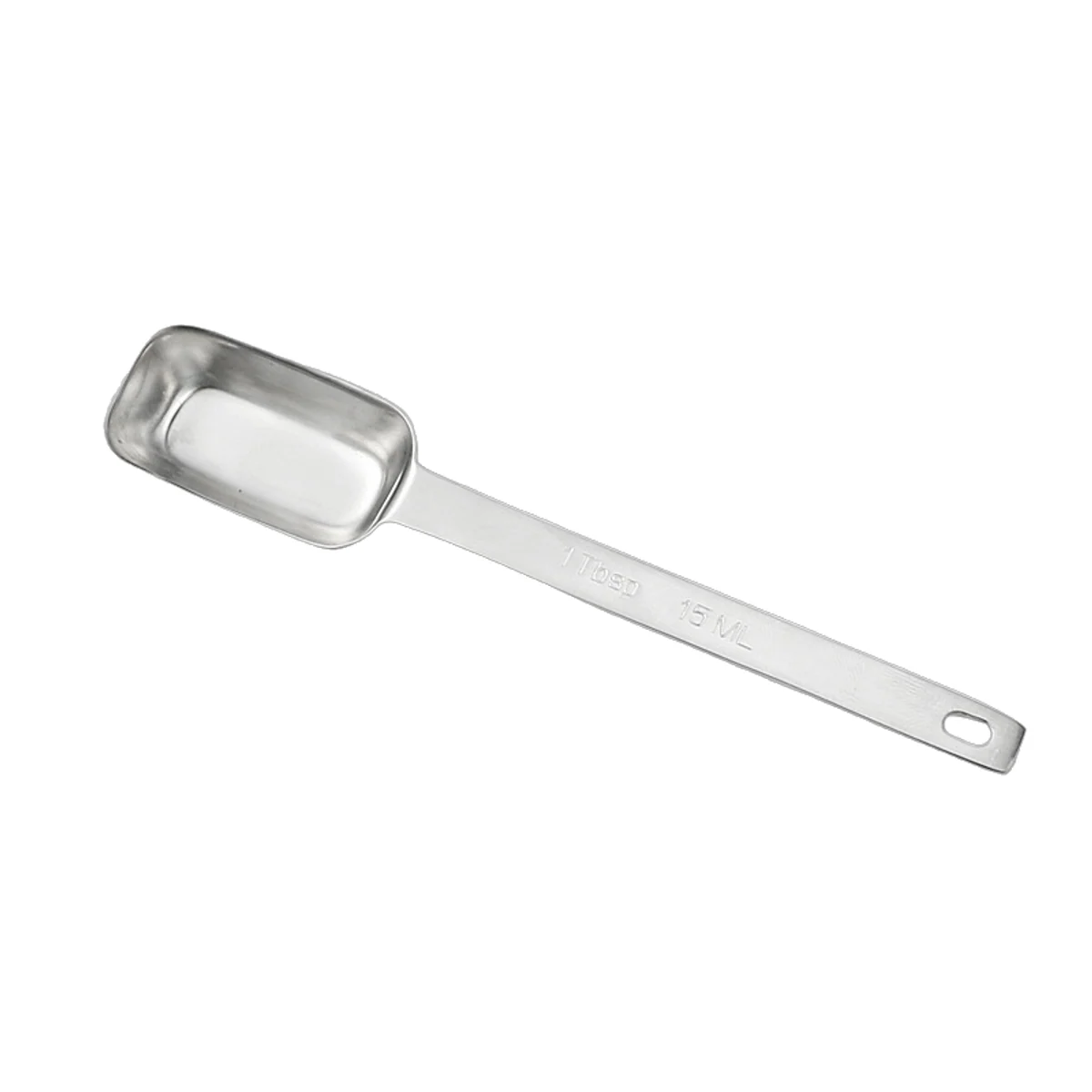 Single 15 mL narrow rectangular stainless steel scoop on white