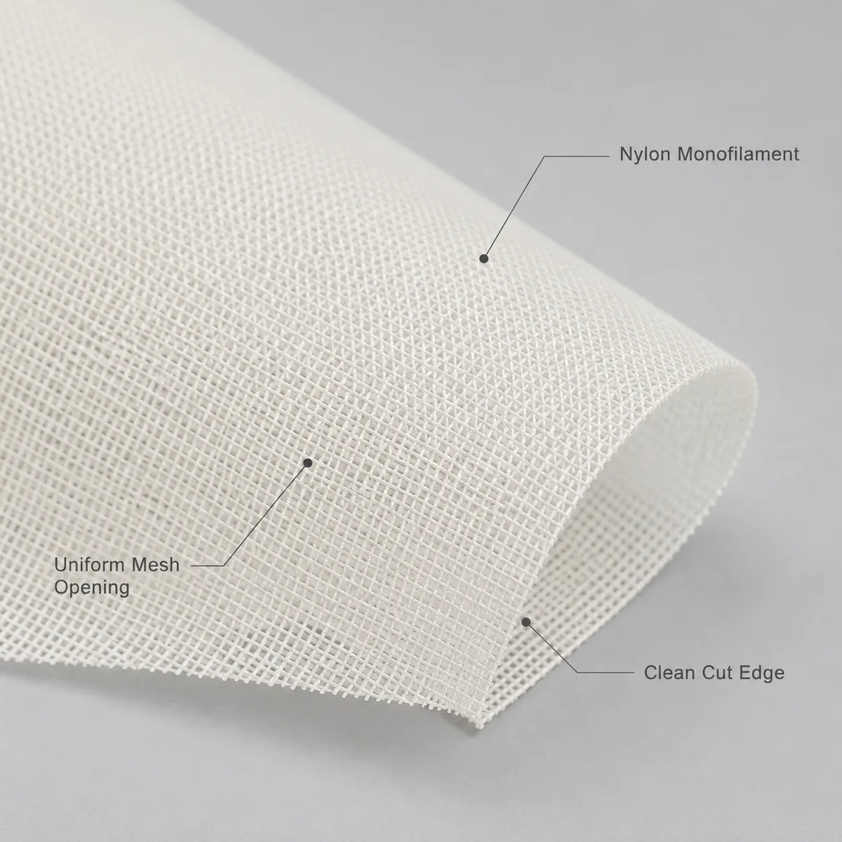 Close-up of nylon monofilament filter mesh with uniform opening and clean cut edge