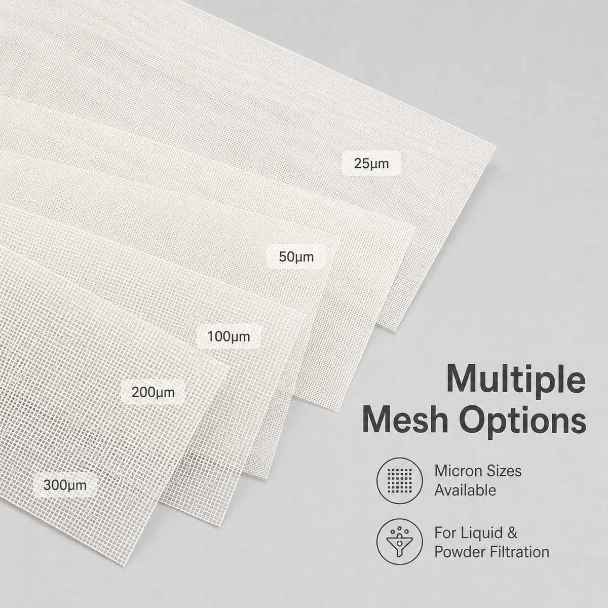 Nylon filter mesh sheets showing multiple micron size options for filtration