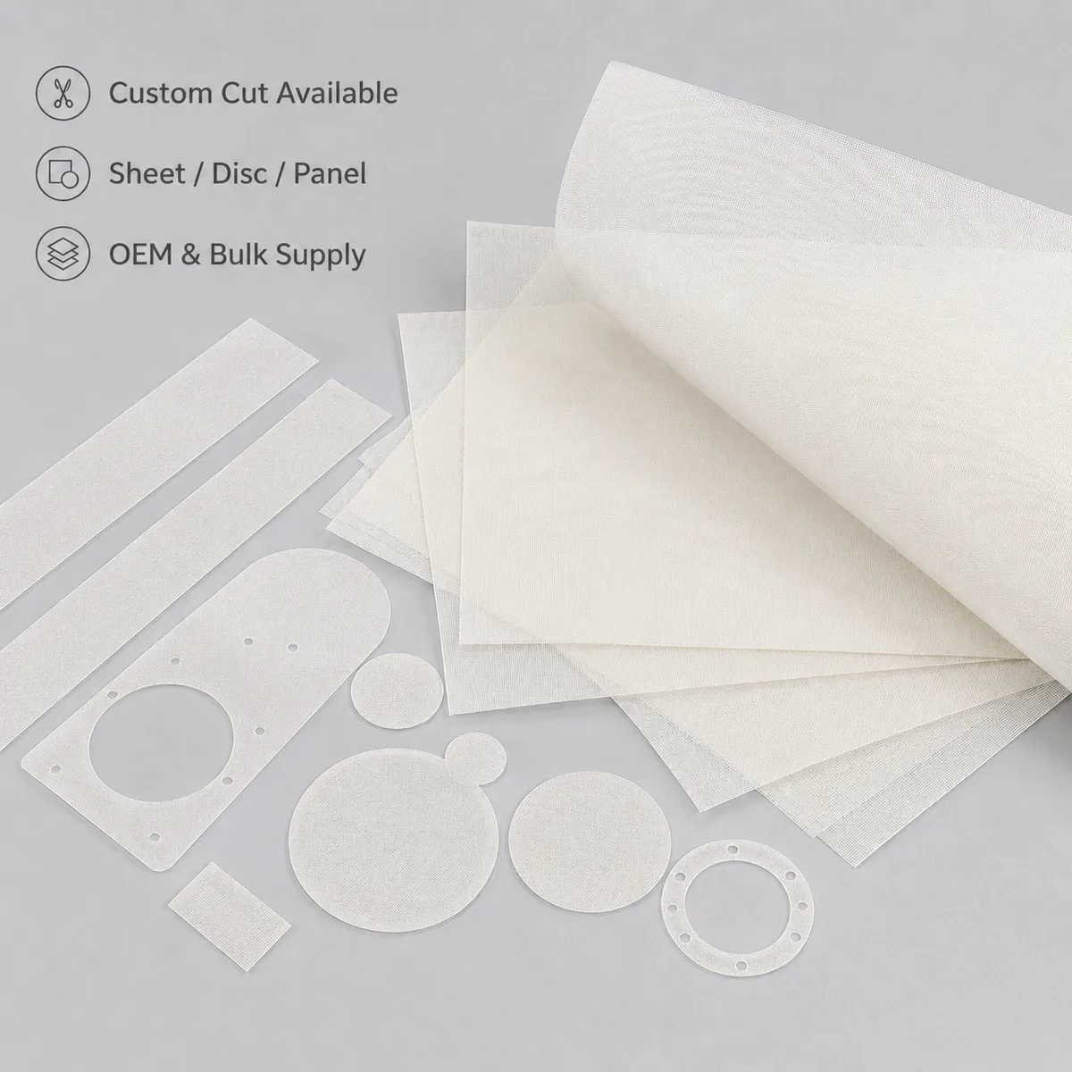 Custom cut nylon filter mesh sheets, discs and panels for OEM supply