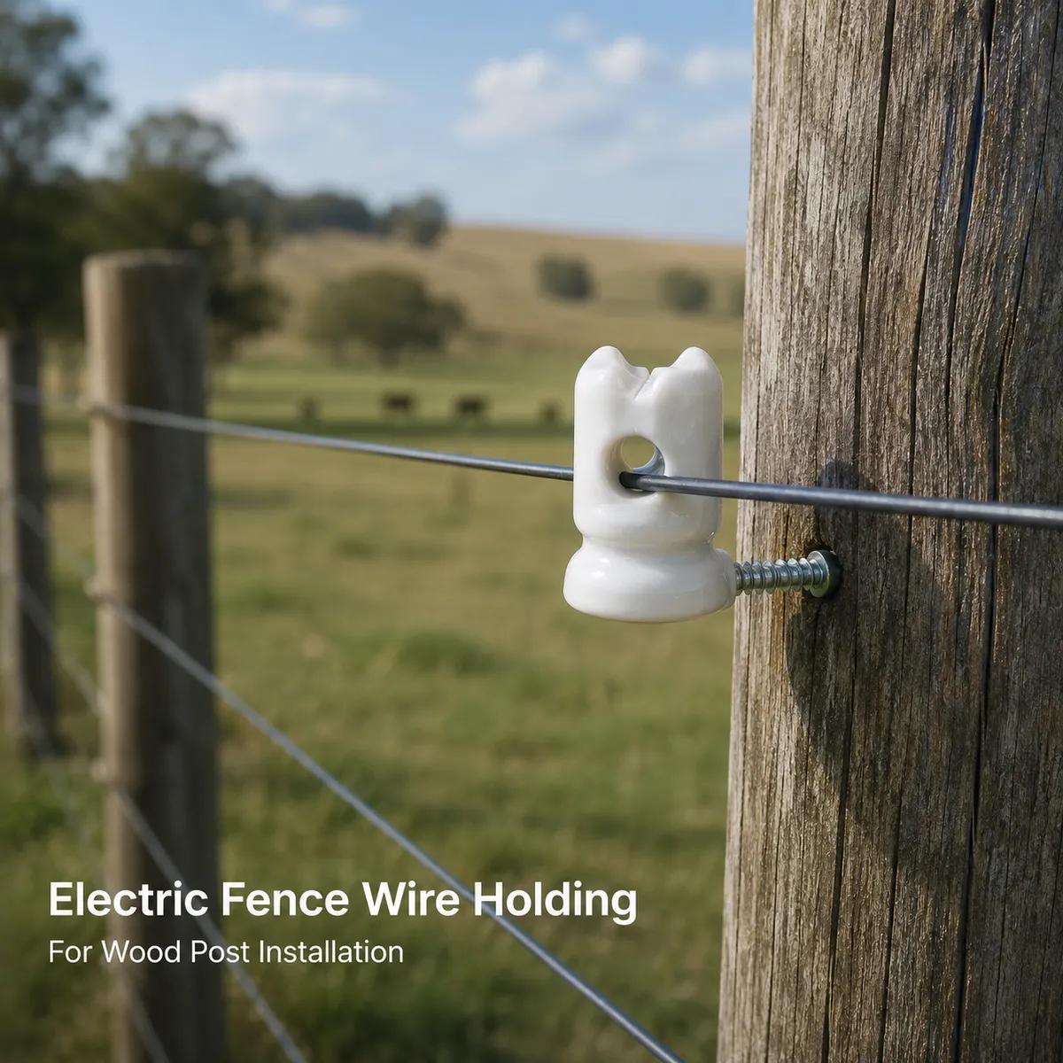 Porcelain electric fence insulator installed on wooden post holding fence wire
