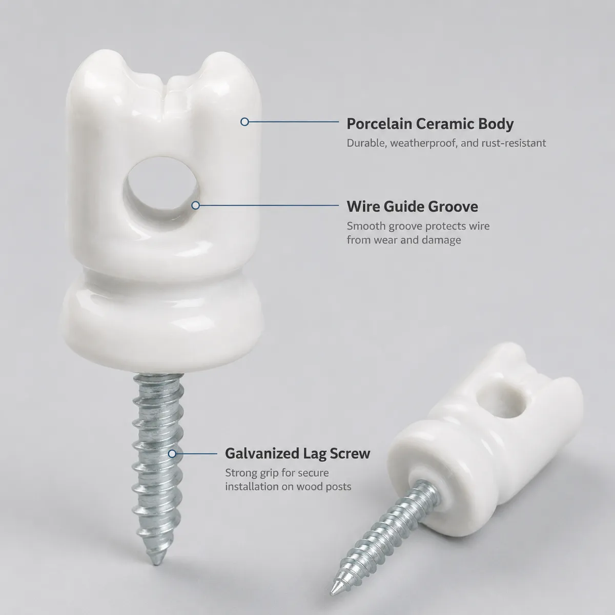 Close-up of porcelain ceramic body, wire guide groove and galvanized lag screw