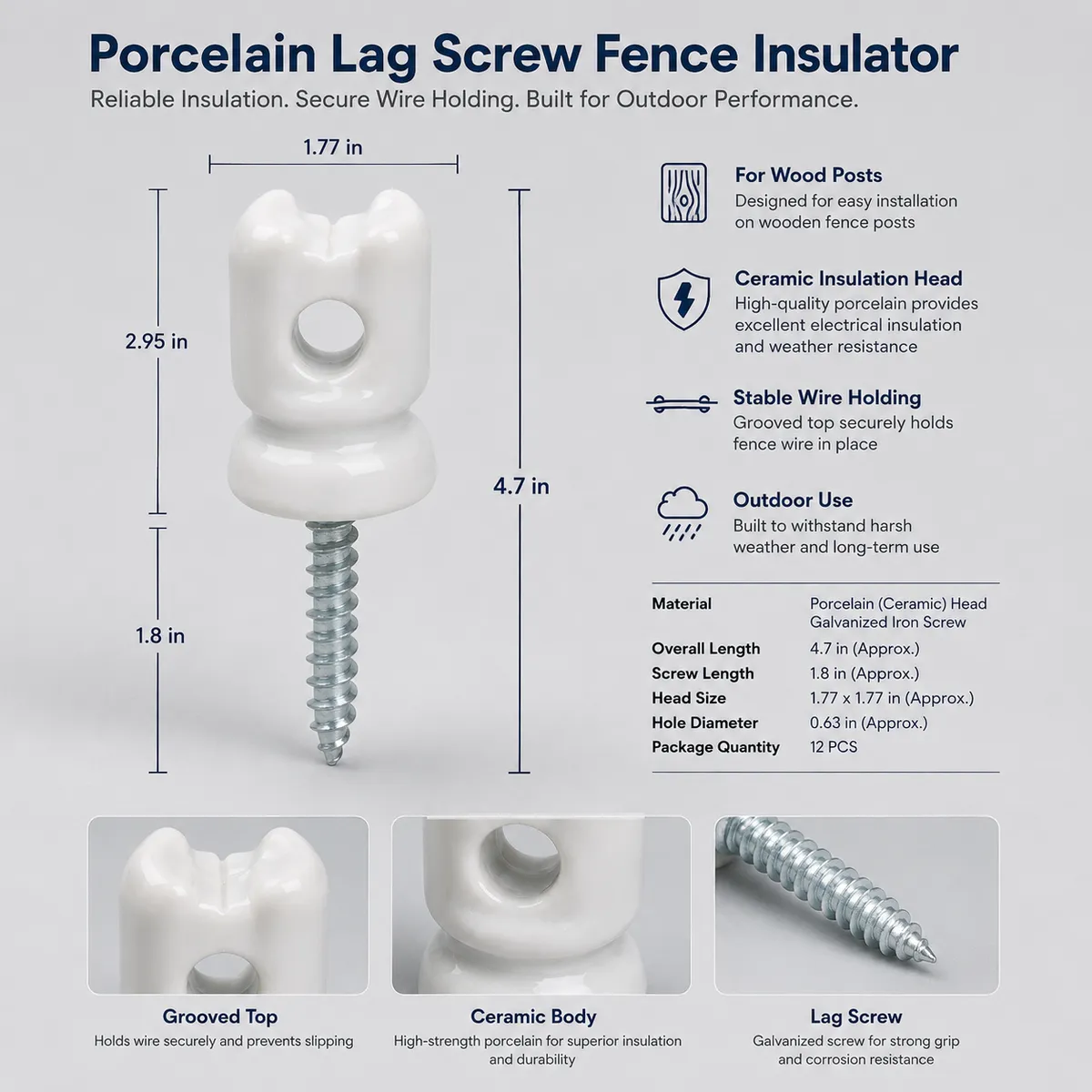 Technical specification image for porcelain lag screw fence insulator