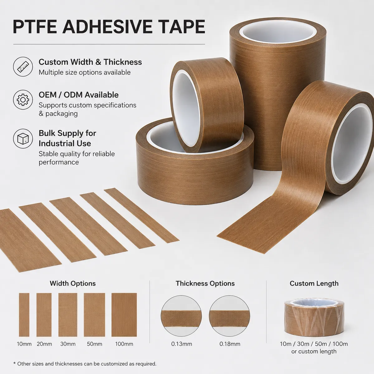 Custom width and thickness options for PTFE adhesive tape rolls
