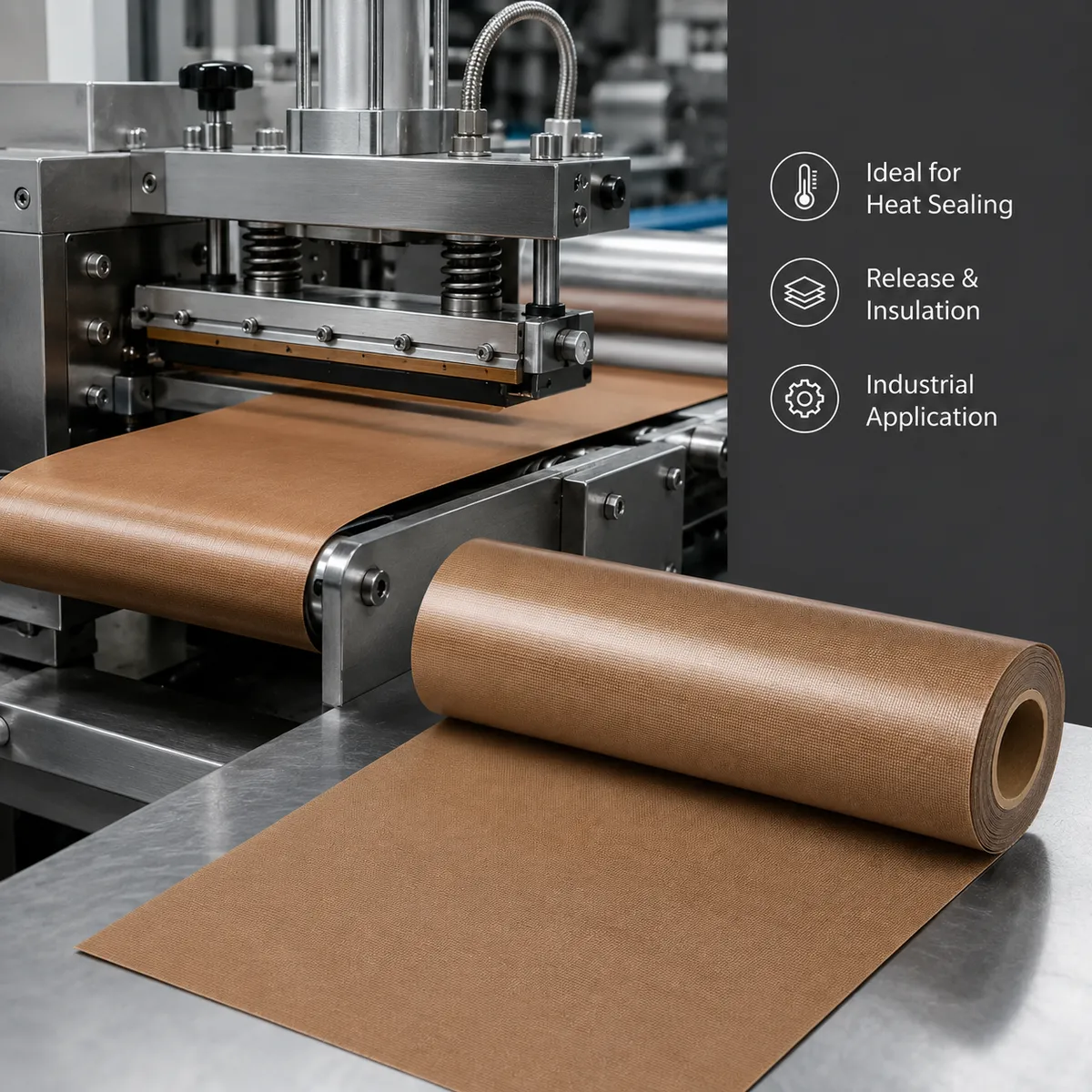 PTFE coated fiberglass fabric used on industrial heat sealing equipment