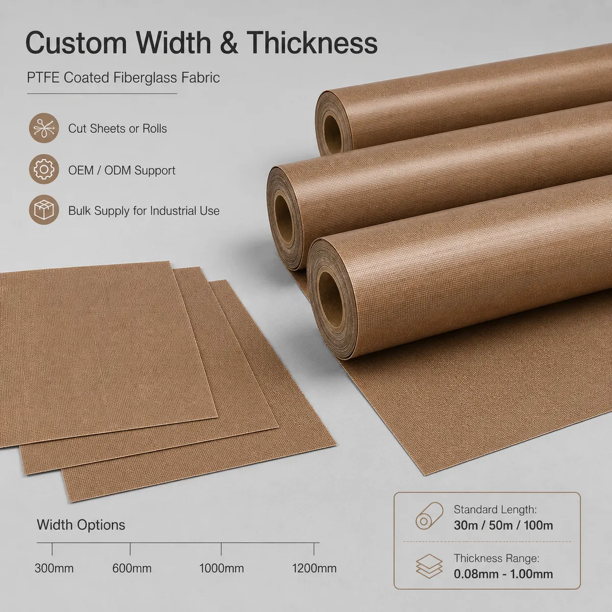 PTFE coated fiberglass fabric rolls and cut sheets with custom width options