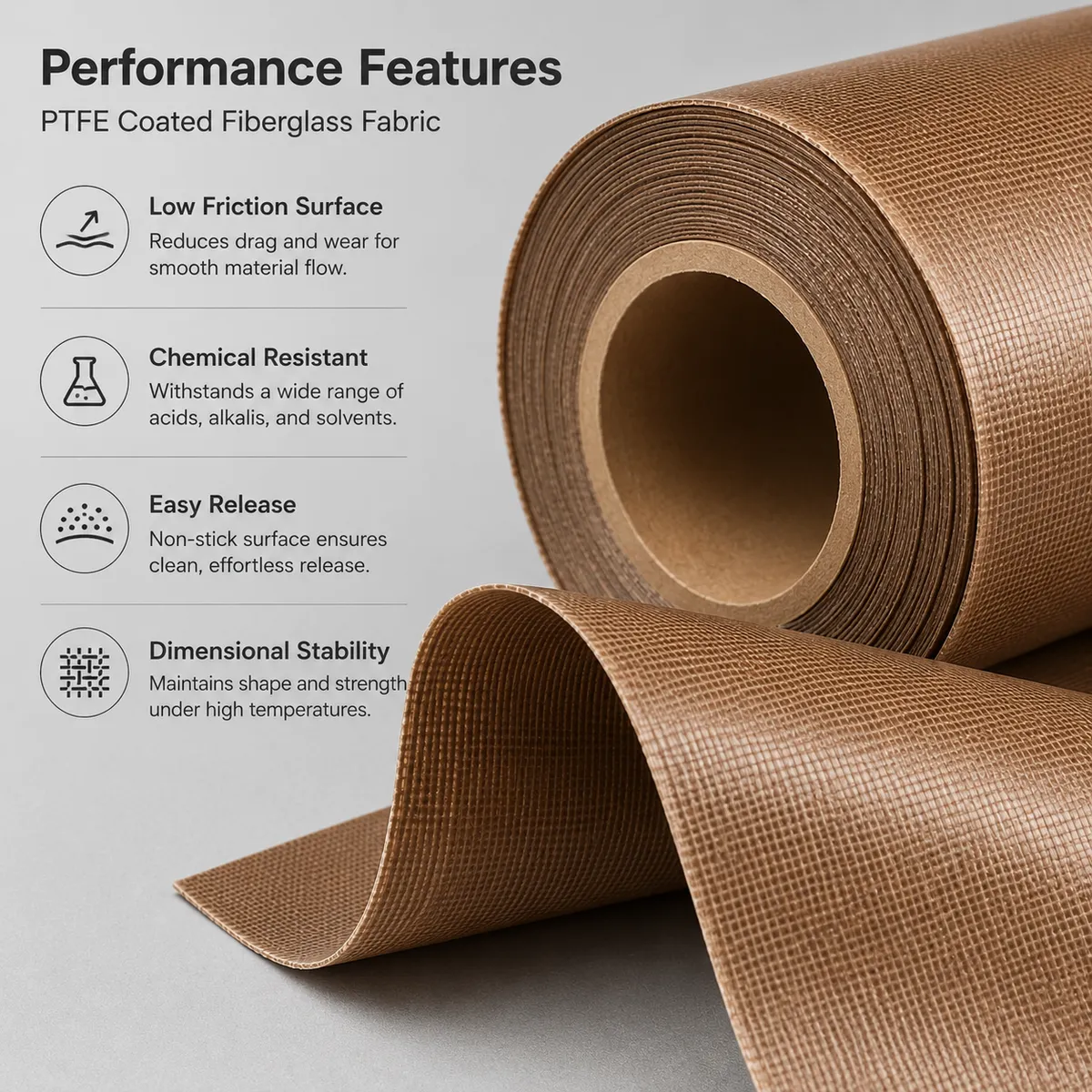 Performance feature image showing low friction and chemical resistant PTFE fabric