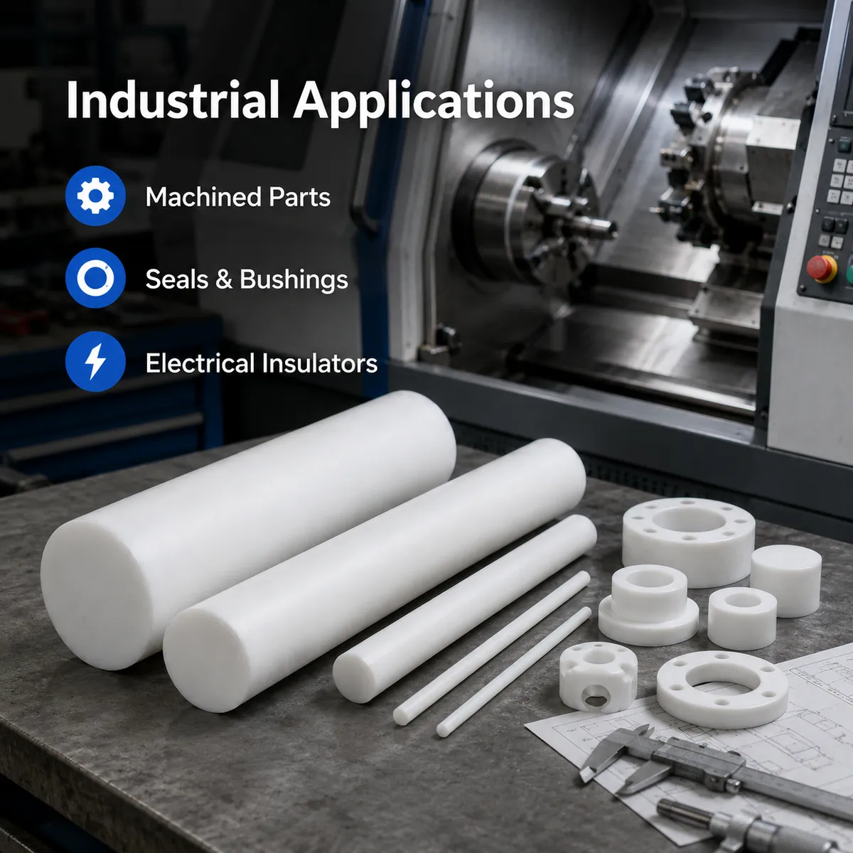 PTFE rod application image in machining and industrial use