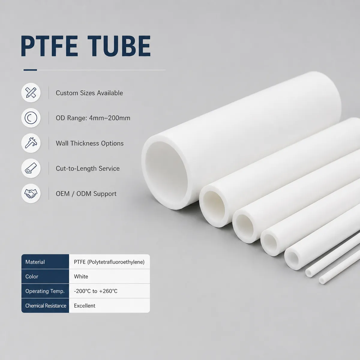 PTFE tube detail image showing custom OD and wall thickness options