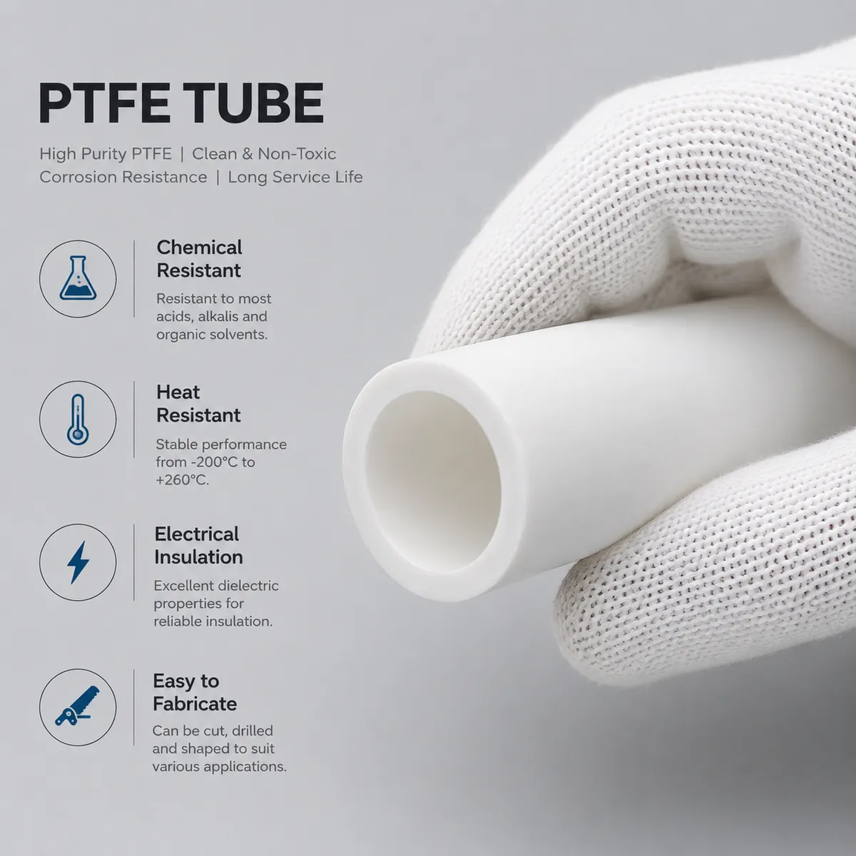 PTFE tube close-up showing smooth inner and outer surface