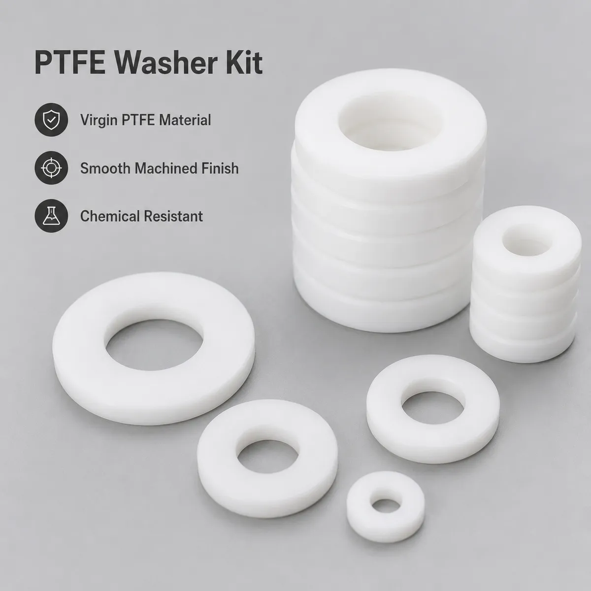 PTFE washer kit detail image showing virgin PTFE material
