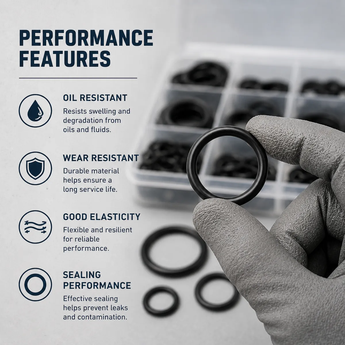 Rubber O-ring performance feature image with oil resistance and elasticity