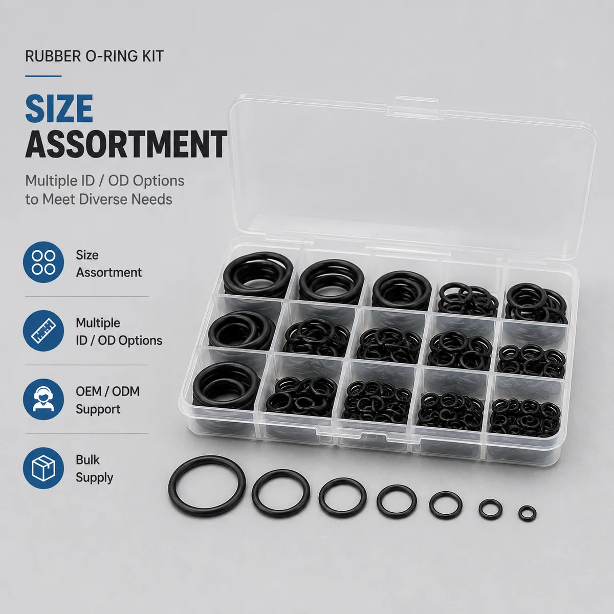 Rubber O-ring size assortment image with custom ID and OD options