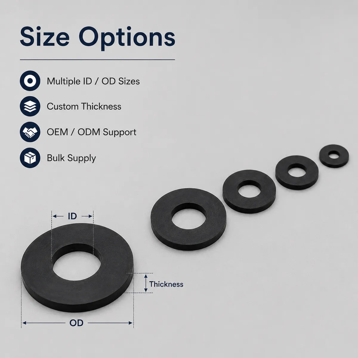 Rubber sealing washer size options with ID OD and thickness diagram