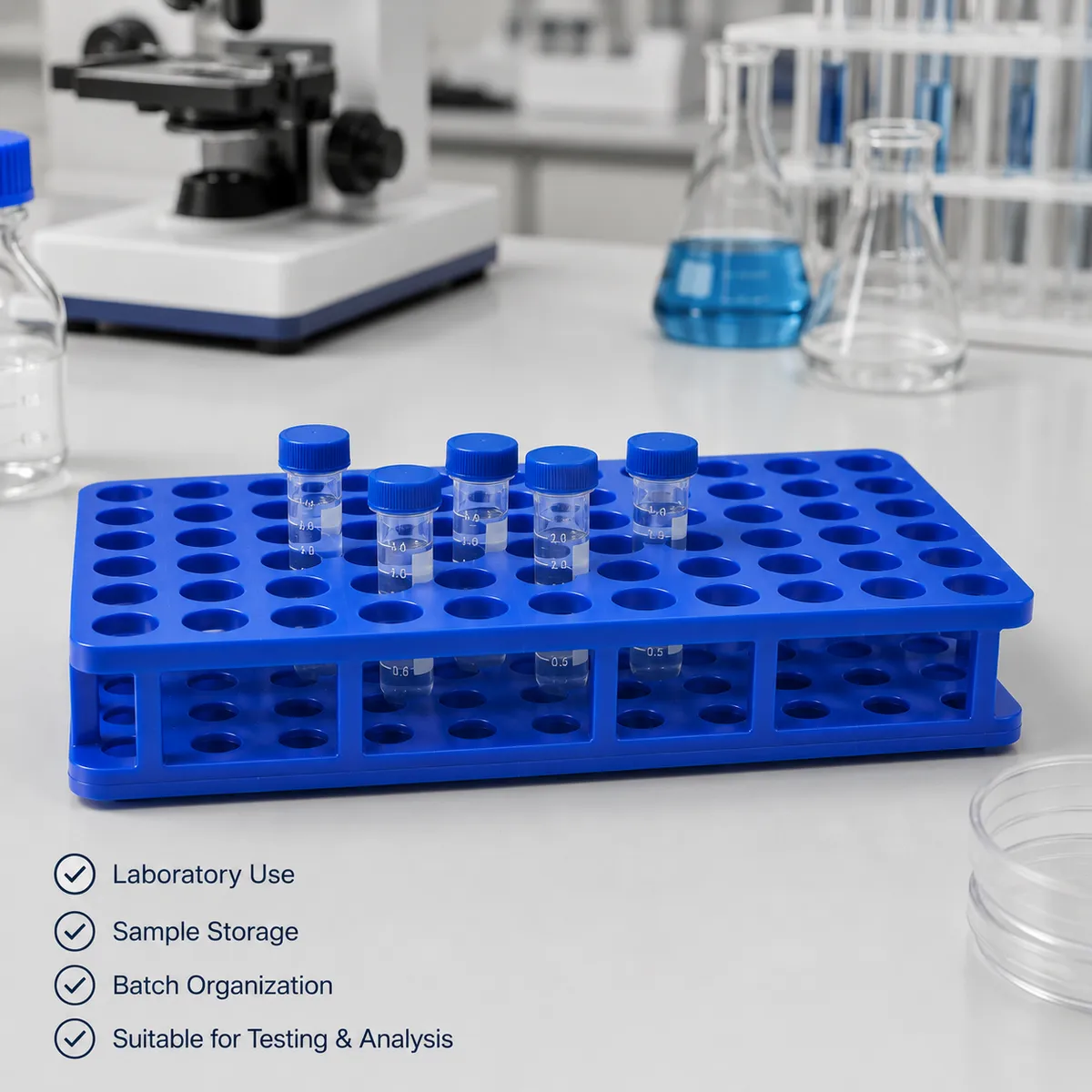 Sample vial rack application image with sample vials in a laboratory setting