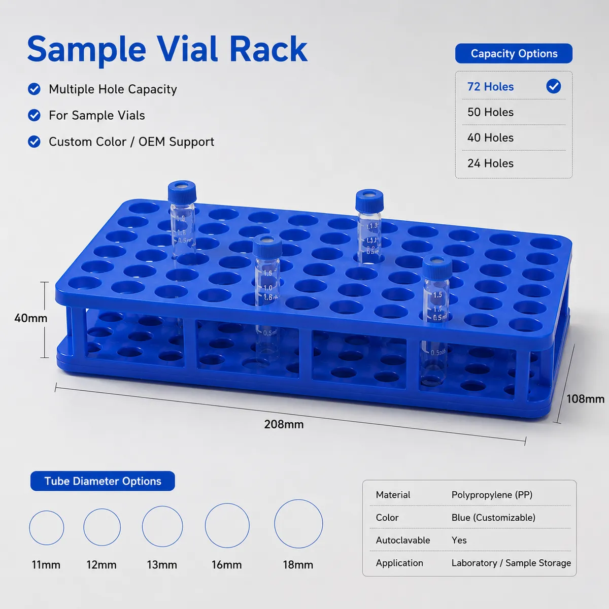 Sample vial rack specification image with hole capacity and vial diameter options