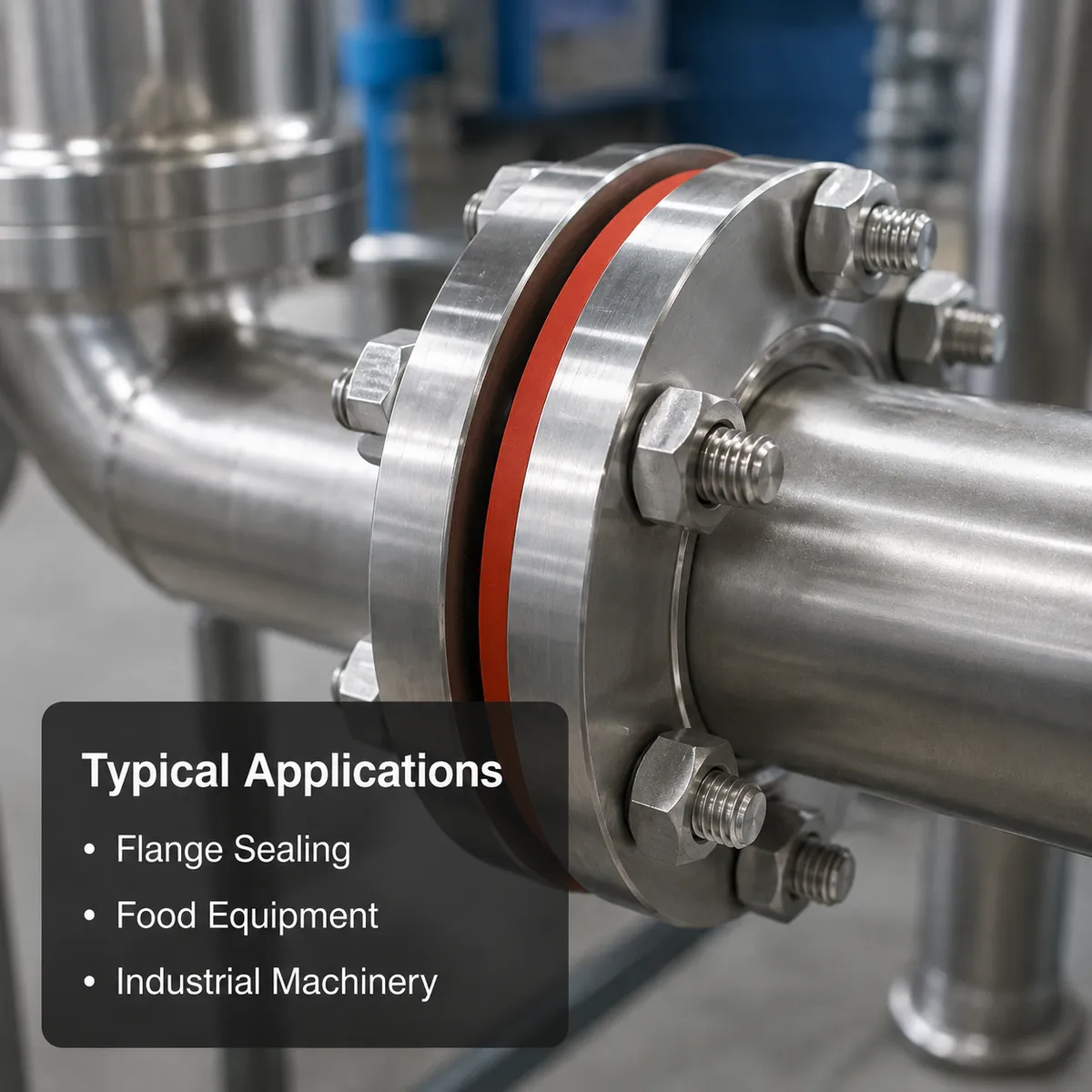 Silicone rubber gasket installed between stainless steel pipe flanges